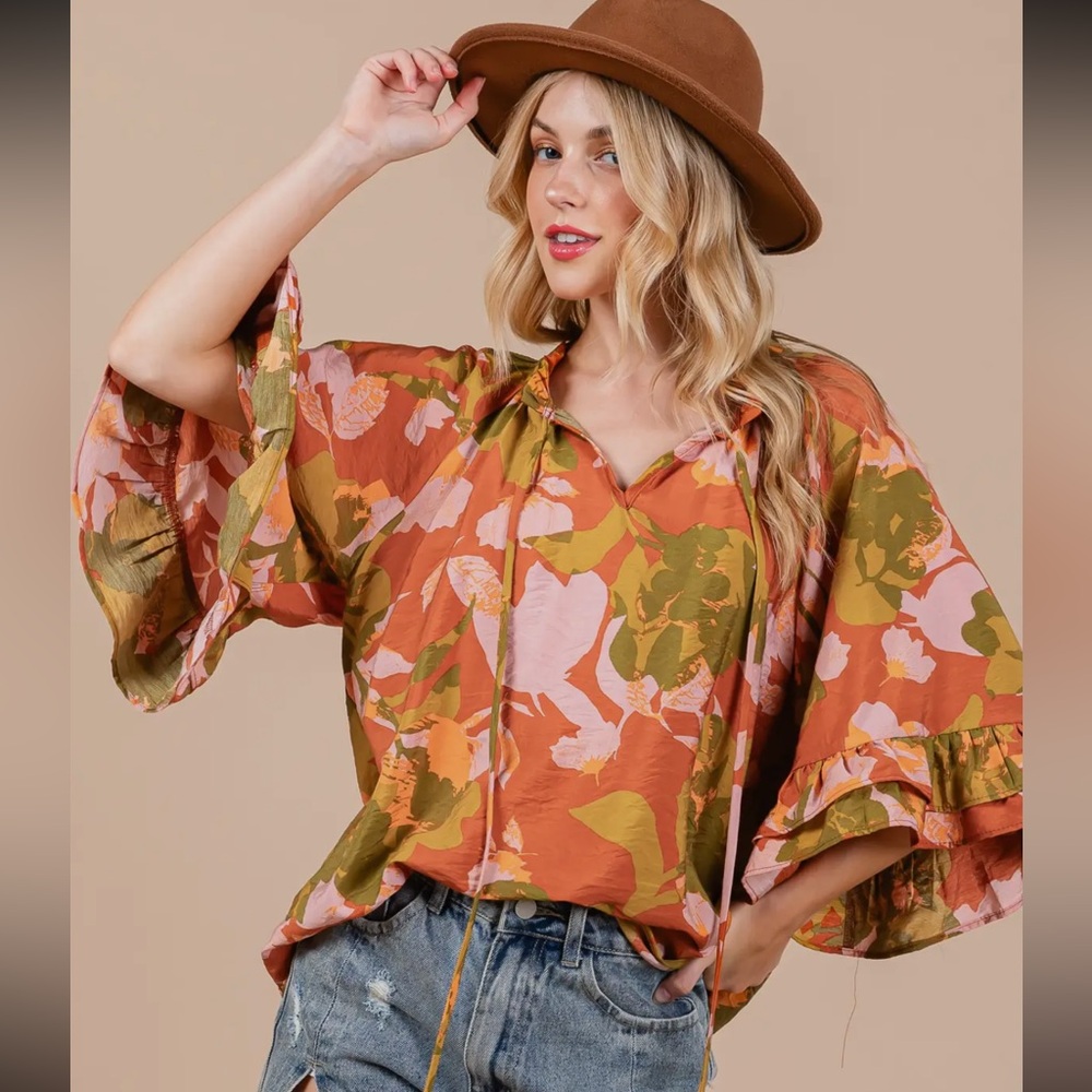 Boho Floral Print Split Mock Neck Blouse